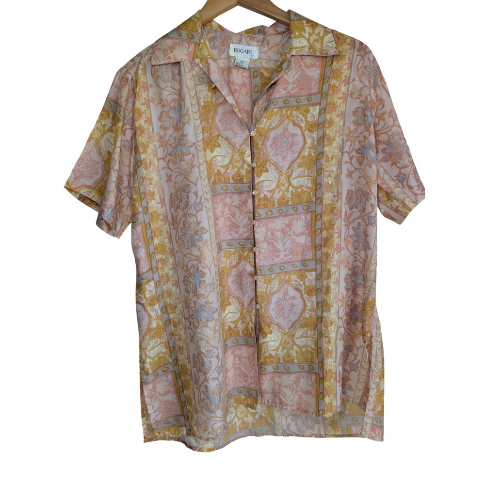 BOGARI C Silk Button Down Shirt Womens S Pastel Floral Geometric 90s Vintage